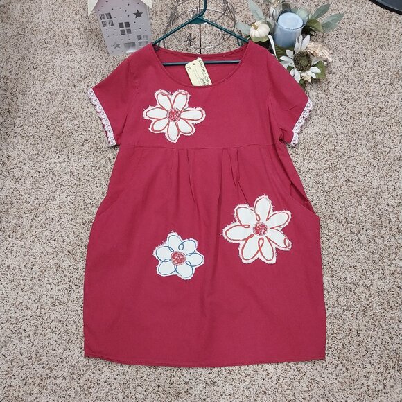 Handmade Dresses & Skirts - 3589 Size Large Upcycled Cotton/ linen Blend Wine Color Shift Dress with Pockets